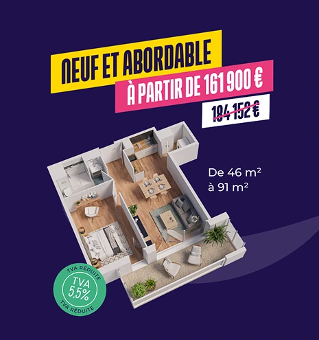 Visuel publicitaire créé pour Soclova, promotion d'appartements neufs avec plan 3D